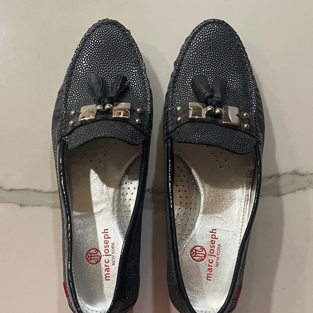 Marc Joseph Leather Navy Loafers with Tassels and Studs. New without Tags
